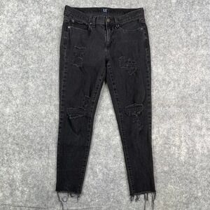 GAP Jeans Women Size 28 Black True Skinny Stretch Denim Distressed Fray Hem